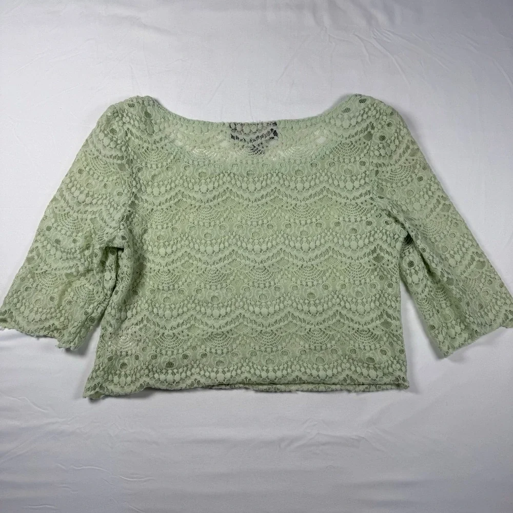 Tela Lace Green Top XS 3/4 Sleeve Cropped Elegant Sheer‎ Layering Blouse
